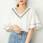 Leaf Embroidered Ruffle Trim Elbow-sleeve Top Off-white - One Size