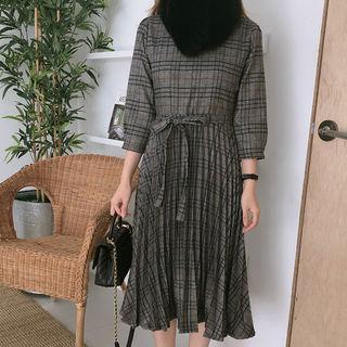 Accordion-pleats Midi Check Dress