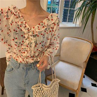 Floral Print Drawstring Long-sleeve Blouse