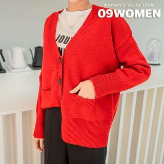 Plunge-neck Dual-pocket Cardigan