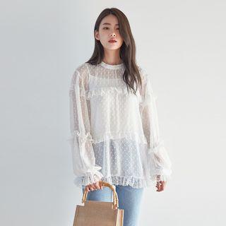 Set: Lace-trim Dotted Top + Spaghetti-strap Top