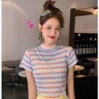 Striped Mock-neck Rib-knit Short-sleeve T-shirt As Shown In Figure - One Size