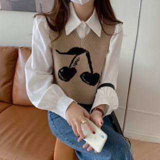 Cherry Print Knit Vest / Plain Blouse