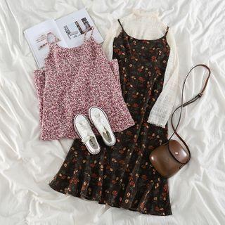 Long-sleeve Mock-neck Lace Top / Spaghetti Strap Floral Print Midi Dress