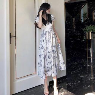Puff-sleeve Collared Floral Printed A-line Dress
