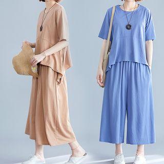 Set: Elbow-sleeve Tunic Top + Cropped Wide-leg Pants
