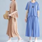 Set: Elbow-sleeve Tunic Top + Cropped Wide-leg Pants