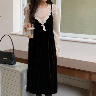 Plain Blouse / Spaghetti Strap Midi Velvet Dress