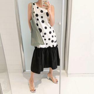 Sleeveless Ruffle-hem Dotted Dress White - One Size