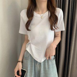 Plain Short-sleeve Asymmetrical Cropped T-shirt