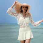 Set: Bikini Top + Swim Skort + Fringed Cropped Wrap Jacket