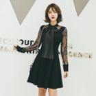 Long-sleeve Lace Paneled Ribbon A-line Mini Dress