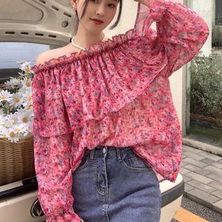 Off-shoulder Floral Blouse Floral - Pink - One Size
