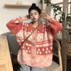 Polo-neck Star Print Cardigan Pink - One Size