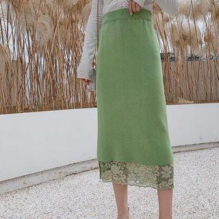 Lace Hem High-waist Midi Knit Straight-fit Skirt