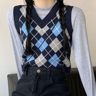 Argyle Knit Vest Argyle - Blue & Gray - One Size