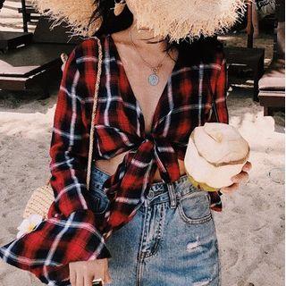 Plaid Front Knot Light Jacket