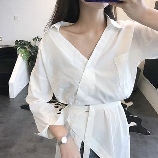 Long-sleeve Buckled Asymmetric Shirt White - One Size