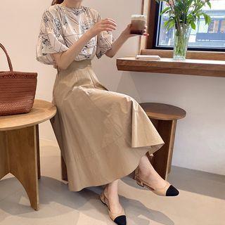 Band-waist Flared Skirt Beige - One Size
