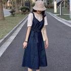 Set: Short-sleeve Blouse + Denim Midi A-line Overall Dress