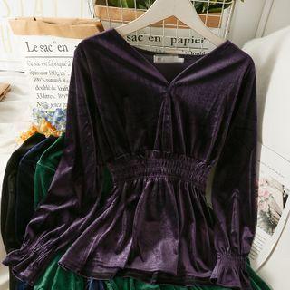 Smocked-waist Velvet Peplum Top