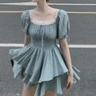 Puff-sleeve Lace-up Layered Mini Dress
