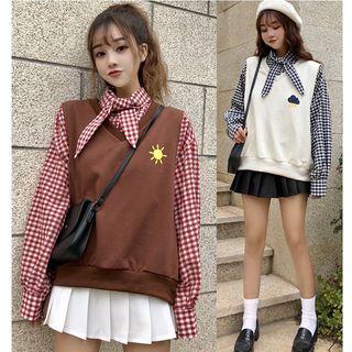 Tie-neck Gingham Shirt/ Print Vest