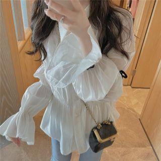 Set: Ruffle Trim Blouse + Camisole Top Off-white - One Size