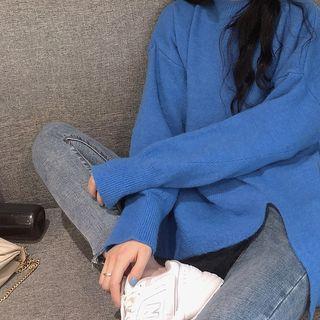 Slit-hem Plain Sweater Blue - One Size