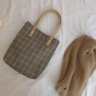 Plaid Cotton Tote Bag Blue & Khaki - One Size