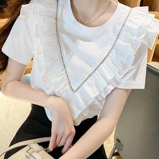 Short-sleeve Rhinestone Frill Trim Mini A-line Dress