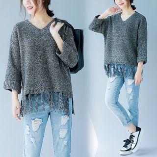 Plain V-neck Cropped Sleeve Sweater