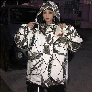 Lettering Embroidered Printed Hooded Jacket As Shown In Figure - One Size