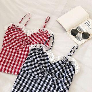 Color-block Plaid Lace-trim Panel Tank Top