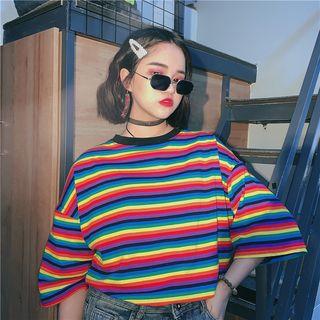 Elbow-sleeve Rainbow Striped T-shirt As Shown In Figure - One Size