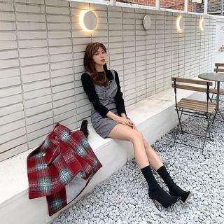 Set: Shirred Houndstooth Mini Pinafore Dress + T-shirt Gray - One Size