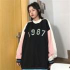 Numbers Embroidered Color Block Pullover
