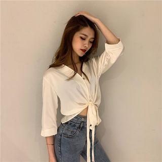 3/4-sleeve V-neck Tie-waist Blouse
