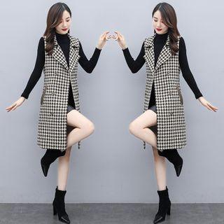 Set: Houndstooth Double-breasted Vest + Long-sleeve Top