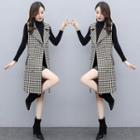 Set: Houndstooth Double-breasted Vest + Long-sleeve Top