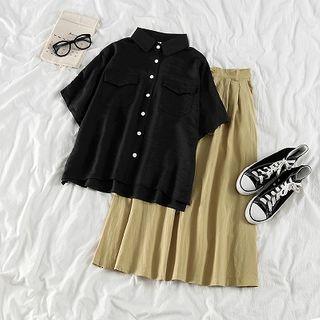 Pocket Detail Short-sleeve Blouse / Midi A-line Skirt