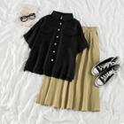 Pocket Detail Short-sleeve Blouse / Midi A-line Skirt