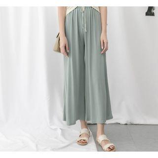Plain Wide Leg Pants Pea Green - One Size