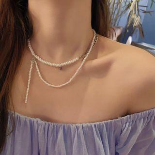 Faux Pearl Rhinestone Layered Choker White & Silver - One Size