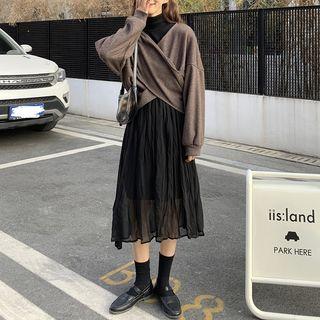 V-neck Cross Strap Sweater / Turtleneck Long-sleeve Midi A-line Dress