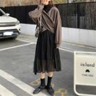 V-neck Cross Strap Sweater / Turtleneck Long-sleeve Midi A-line Dress