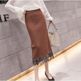 Lace Panel Hem Knit Midi Skirt