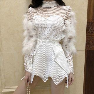 Long-sleeve Fringed Lace Top / Mini Skorts