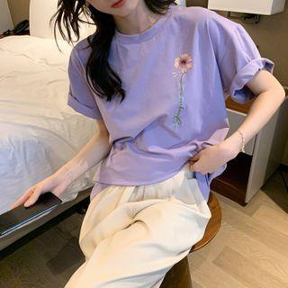 Flower Print Letter Embroidered Short-sleeve T-shirt