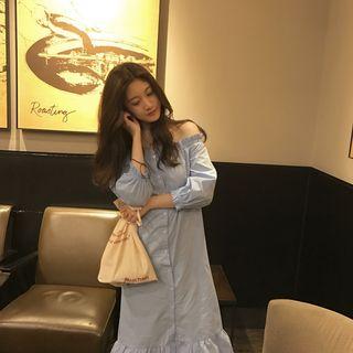 Flounced-hem Off-shoulder 3/4-sleeve Midi Shift Dress